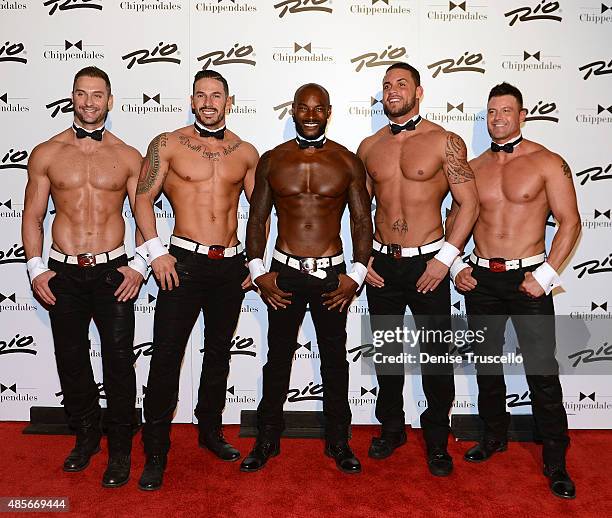 James Davis, Mikey Perez, Tyson Beckford, Matt Marshall and Nathan Minor pose for photos on Tyson Beckford's opening night with Chippendales at Rio...