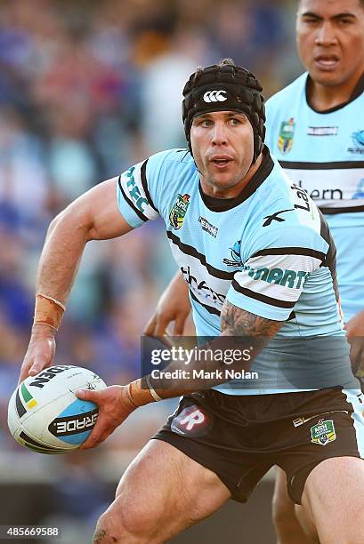 Michael Ennis of the Sharks in action during the round 25 NRL match between the Parramatta Eels and the Cronulla Sharks at Pirtek Stadium on August...