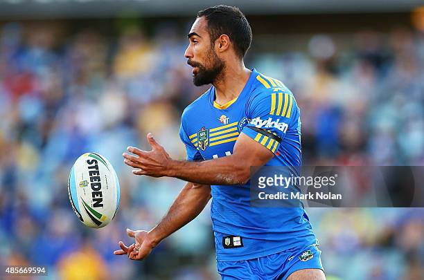 Reece Robinson of the Eels in action during the round 25 NRL match between the Parramatta Eels and the Cronulla Sharks at Pirtek Stadium on August...
