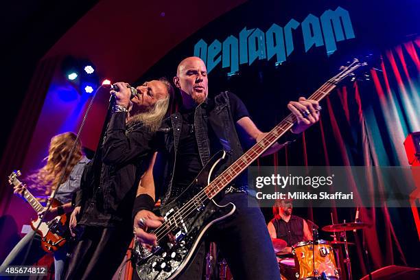 Guitarist Victor Griffin, vocalist Bobby Liebling and bassist Greg Turley of Pentagram perform at The Chapel on August 28, 2015 in San Francisco,...