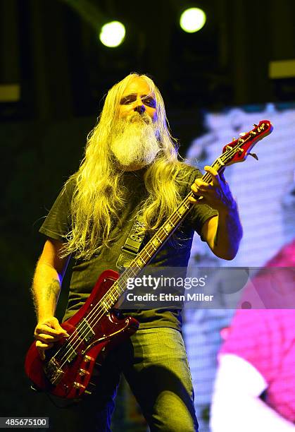 Bassist John Campbell of Lamb of God performs at the Las Vegas Village on August 28, 2015 in Las Vegas, Nevada.