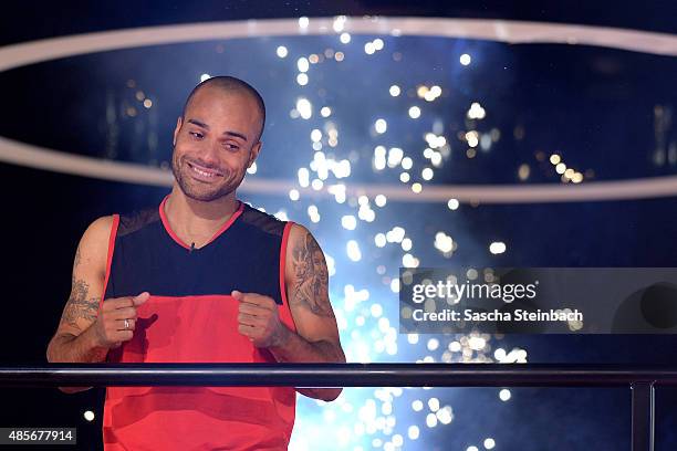 David Odonkor reacts after winning the final show of Promi Big Brother 2015 at MMC studios on August 28, 2015 in Cologne, Germany.