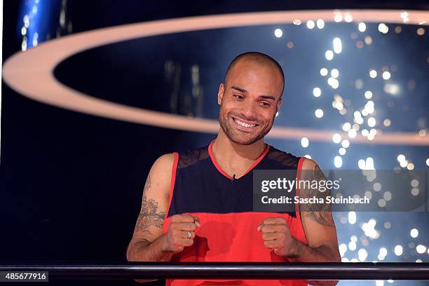 David Odonkor reacts after winning the final show of Promi Big Brother 2015 at MMC studios on August 28, 2015 in Cologne, Germany.