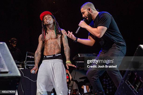 Lil Wayne and Drake perform at Lil Weezyana Festival at Champions Square on August 28, 2015 in New Orleans, Louisiana.