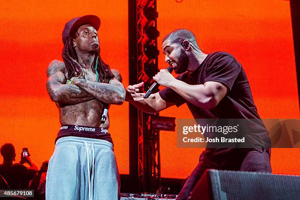 Lil Wayne and Drake perform at Lil Weezyana Festival at Champions Square on August 28, 2015 in New Orleans, Louisiana.