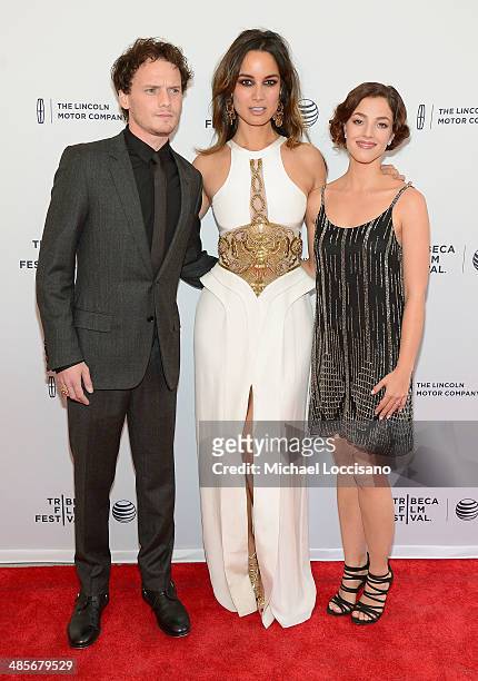 Actors Anton Yelchin, Berenice Marlohe and Olivia Thirlby attend the "5 To 7" Premiere during the 2014 Tribeca Film Festival at the SVA Theater on...