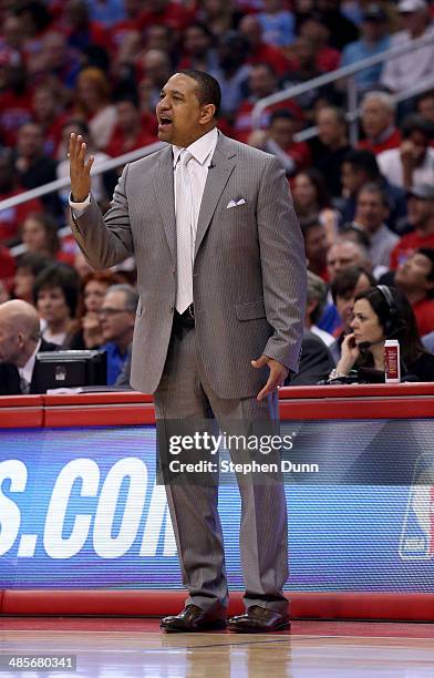 Head coach Mark Jackson of the Golden State Warriors gestures in the game with the Los Angeles Clippers in Game One of the Western Conference...