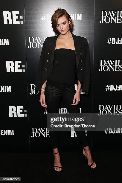 Montana Cox arrives at the 'RE: Denim For David Jones' launch party at St James Station on August 29, 2015 in Sydney, Australia.