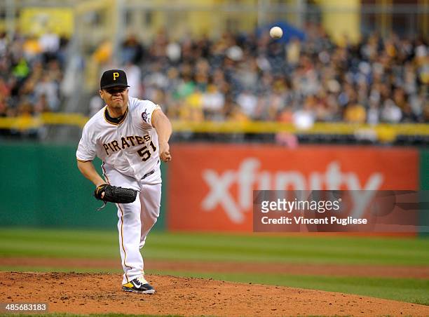 Wandy Rodriguez of the Pittsburgh Pirates pitches against the Milwaukee Brewers at PNC Park on April 19 2014 in Pittsburgh, Pennsylvania.