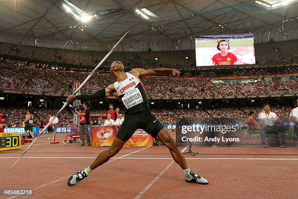 Damian Warner of Canada ompetes in the Men's Decathlon Javelin during day eight of the 15th IAAF World Athletics Championships Beijing 2015 at...