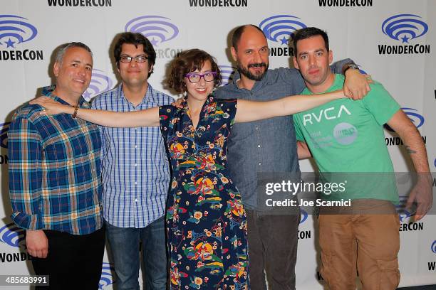 John Roberts, Dan Mintz, Kristen Schaal, Loren Bouchard and Larry Murphy attend the "Bob's Burgers" press line at WonderCon Anaheim 2014 Day 2 at...