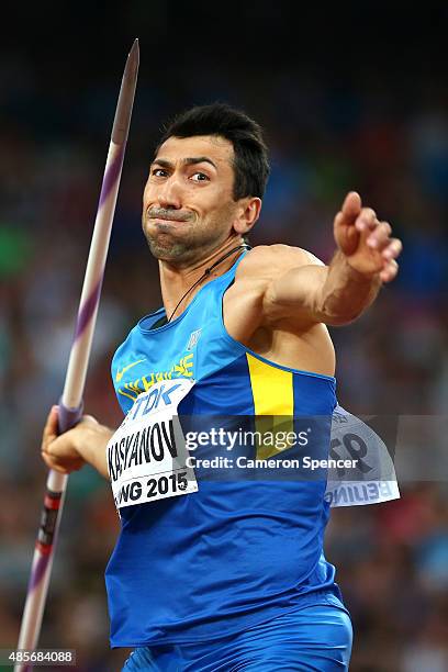 Oleksiy Kasyanov of Ukraine competes in the Men's Decathlon Javelin during day eight of the 15th IAAF World Athletics Championships Beijing 2015 at...