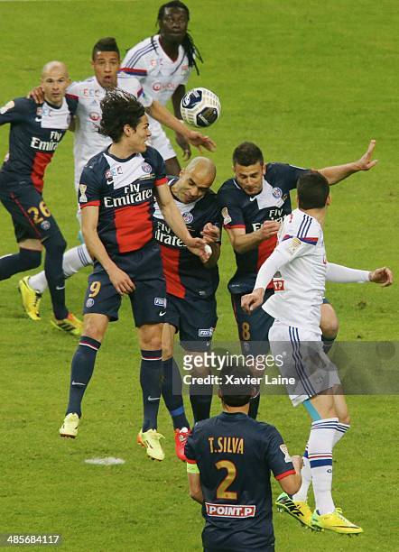 Edinson Cavani, Alex and Thiago Motta of Paris Saint-Germain kick the ball during the French Finale League Cup between Paris Saint-Germain FC and...