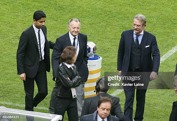 President Nasser Al-Khelaifi, Jean-Michel Aulas and Frederic Thiriez attend the French Finale League Cup between Paris Saint-Germain FC and Olympique...