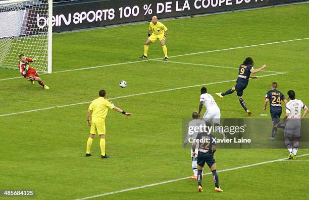 Edinson Cavani of Paris Saint-Germain score a goal during the French Finale League Cup between Paris Saint-Germain FC and Olympique Lyonnais FC at...