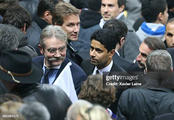 Frederic Thiriez and Nasser Al-Khelaifi attend the French Finale League Cup between Paris Saint-Germain FC and Olympique Lyonnais FC at Stade De...