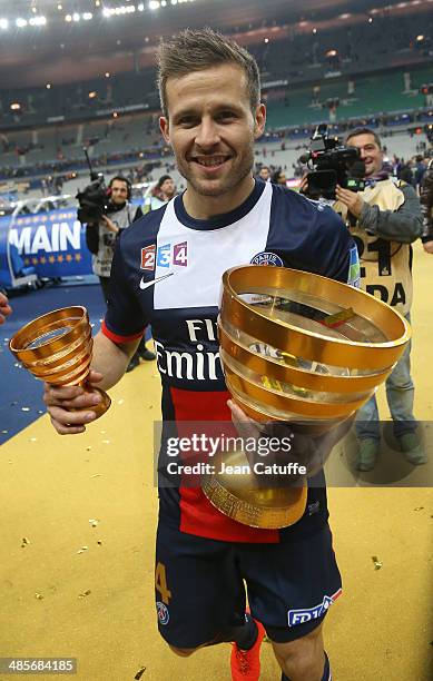 Yohan Cabaye of PSG celebrates the victory at the end of the French League Cup Final between Olympique Lyonnais OL and Paris Saint-Germain FC at...