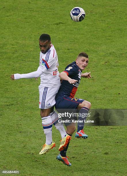 Jimmy Briand of Olympique Lyonnais and Marco Verratti of Paris Saint-Germain in action during the French Finale League Cup between Paris...