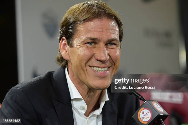 Roma Coach Rudi Garcia attends a press conference at Centro Sportivo Fulvio Bernardini on August 29, 2015 in Rome, Italy.