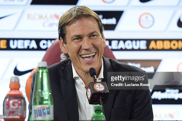 Roma Coach Rudi Garcia attends a press conference at Centro Sportivo Fulvio Bernardini on August 29, 2015 in Rome, Italy.