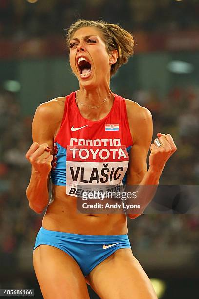 Blanka Vlasic of Croatia reacts after competing in the Women's High Jump final during day eight of the 15th IAAF World Athletics Championships...