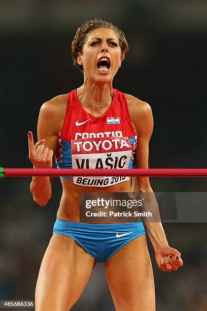 Blanka Vlasic of Croatia reacts after competing in the Women's High Jump final during day eight of the 15th IAAF World Athletics Championships...