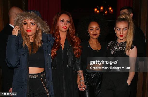 Jade Thirwall, Jesy Nelson, Leigh-Anne Pinnock and Perrie Edwards of Little Mix at Steam and Rye bar and restaurant on April 19, 2014 in London,...