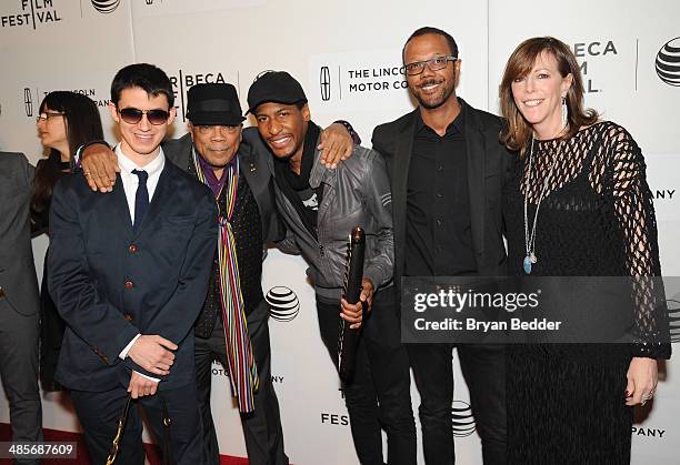 Musicians Justin Kauflin, Quincy Jones and Jon Batiste pose with American Express Director of Entertainment Partnerships Walter Frye and Tribeca Film...