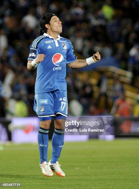 Dayro Moreno of Millonarios celebrates a goal scored during a match Millonarios and Tolima as part of the Liga Postobon 2014 at Nemesio Camacho El...