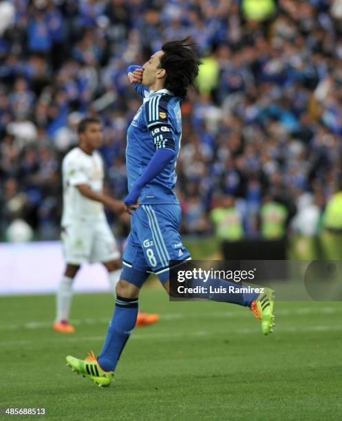 Rafael Robayo of Millonarios celebrates a scored goal during a match Millonarios and Tolima as part of the Liga Postobon 2014 at Nemesio Camacho El...