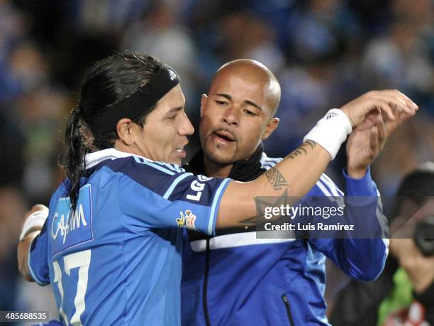 Dayro Moreno of Millonarios celebrates a goal scored during a match Millonarios and Tolima as part of the Liga Postobon 2014 at Nemesio Camacho El...