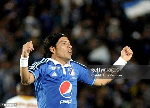 Dayro Moreno of Millonarios celebrates a goal scored during a match Millonarios and Tolima as part of the Liga Postobon 2014 at Nemesio Camacho El...
