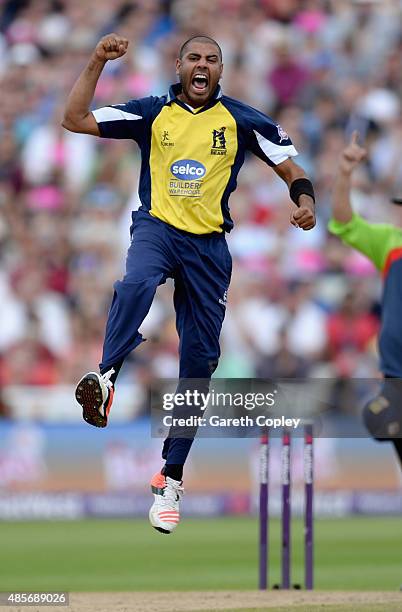 Jeetan Patel of Birmingham celebrates dismissing Alex Wakely of Northamptonshire during the NatWest T20 Blast Semi Final between Birmingham Bears and...