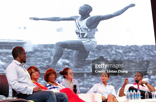 Dwight Phillips , Donna Prather Williams , Beverly Owens Prather , Joanna Hayes and Ato Boldon on stage as Jesse Owens' daughter and granddaughter...