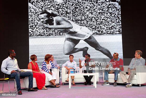 Dwight Phillips , Donna Prather Williams , Beverly Owens Prather , Joanna Hayes , Ato Boldon , Mike Powell and Luc Dayan on stage as Jesse Owens'...