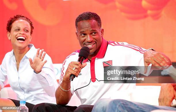 Joanna Hayes and Ato Boldon on stage as Jesse Owens' daughter and granddaughter talk about RACE, a forthcoming feature film about Owens quest to...