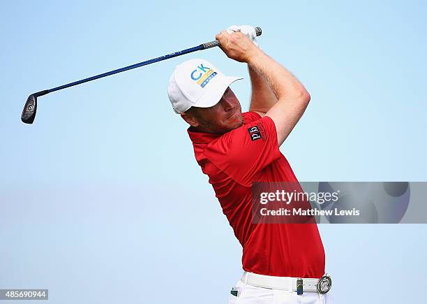 Matt Ford of England tees off on the 3rd hole during day three of the D+D Real Czech Masters at Albatross Golf Resort on August 29, 2015 in Prague,...