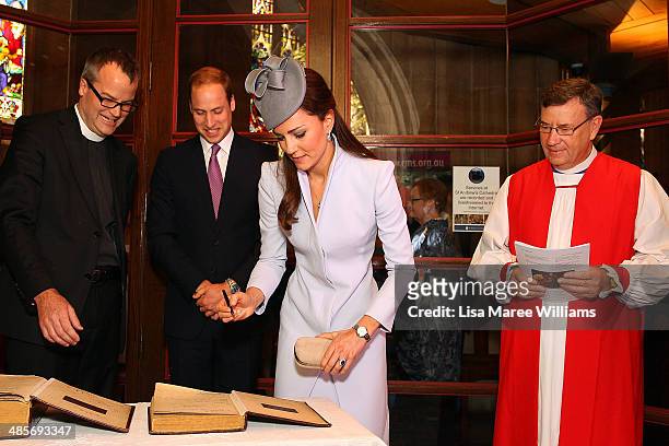 Prince William, Duke of Cambridge and Catherine, Duchess of Cambridge sign the First Fleet Bible and Prayer Book following Easter Sunday Service at...