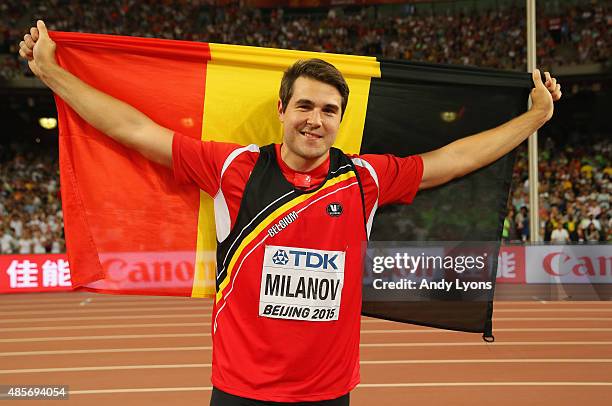 Silver medalist Philip Milanov of Belgium celebrates after the Men's Discus final during day eight of the 15th IAAF World Athletics Championships...