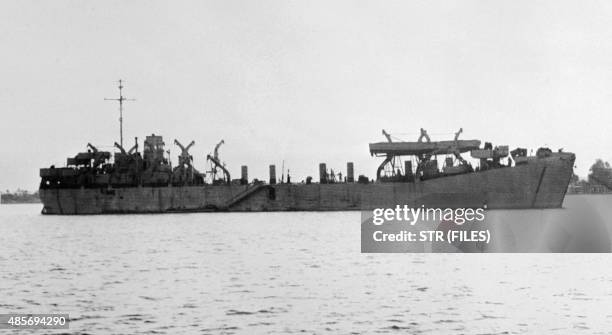 Picture released on September 15, 1956 of an Egyptian ship leaving the port of Ismaïlia to block the navigation, during the Suez canal crisis.