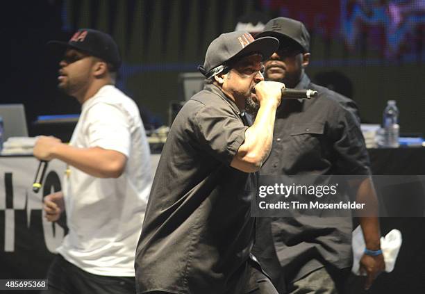 Shea Jackson Jr., MC Ren and Ice Cube perform "Straight Outta Compton" during Riot Fest at the National Western Complex on August 28, 2015 in Denver,...