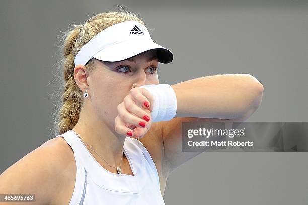 Angelique Kerber of Germany looks on in her match against Samantha Stosur of Australia during the Fed Cup Semi Final tie between Australia and...