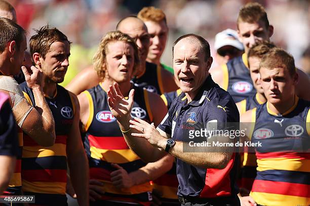 Brenton Sanderson of the Crows speaks to his team during the round five AFL match between the Adelaide Crows and the Greater Western Sydney Giants at...