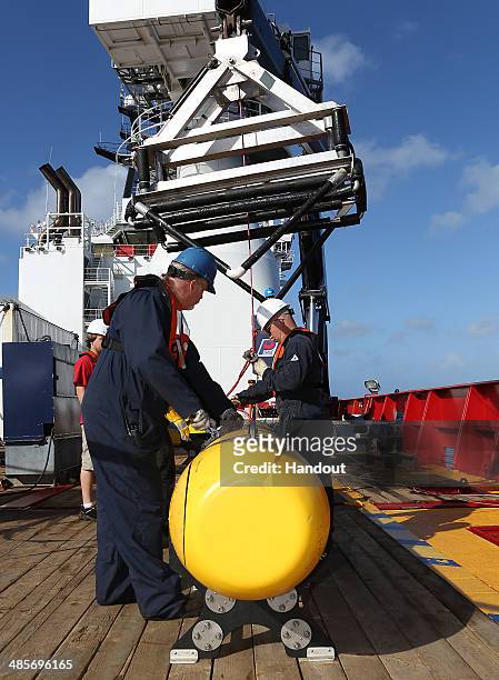 In this handout image provided by Commonwealth of Australia, Department of Defence, The Phoenix Autonomous Underwater Vehicle Artemis just before it...