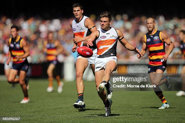 Stephen Coniglio of the Giants kicks the ball during the round five AFL match between the Adelaide Crows and the Greater Western Sydney Giants at...