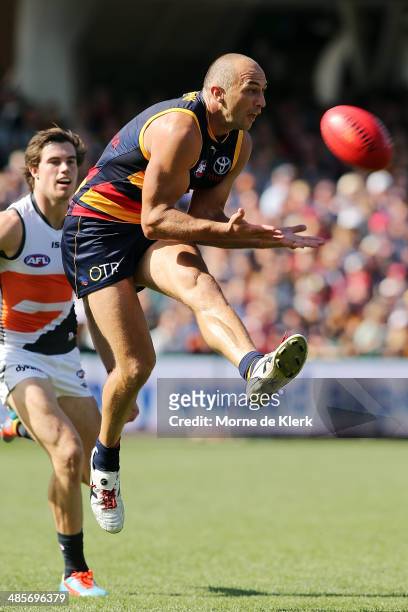 James Podsiadly of the Crows takes a mark during the round five AFL match between the Adelaide Crows and the Greater Western Sydney Giants at...