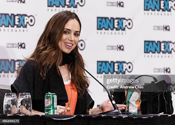Actress Eliza Dushku speaks at the Celebrity Q&A during the Fan Expo Vancouver 2014 at The Vancouver Convention Centre on April 19, 2014 in...