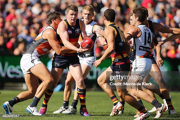 Patrick Dangerfield of the Crows wins the ball during the round five AFL match between the Adelaide Crows and the Greater Western Sydney Giants at...