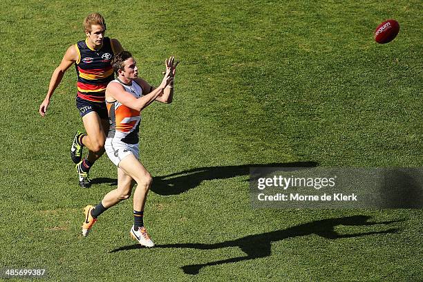 Jed Lamb of the Giants prepares to take a mark during the round five AFL match between the Adelaide Crows and the Greater Western Sydney Giants at...