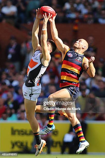 Scott Thompson of the Crows competes for the ball during the round five AFL match between the Adelaide Crows and the Greater Western Sydney Giants at...